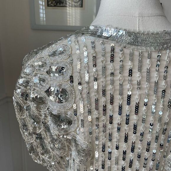 Vintage 70s Judith Ann Creations Ivory Silver Embellished Bling Sequins Pearl To - Picture 5 of 7